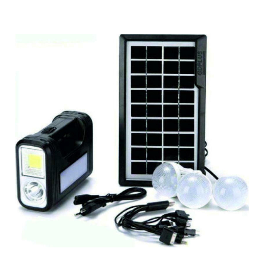 ηλιακό σύστημα φωτισμού & φόρτισης με πάνελ 9v, μπαταρία, φακό & φωτιστικό + 3 λάμπες led s – gd-8017