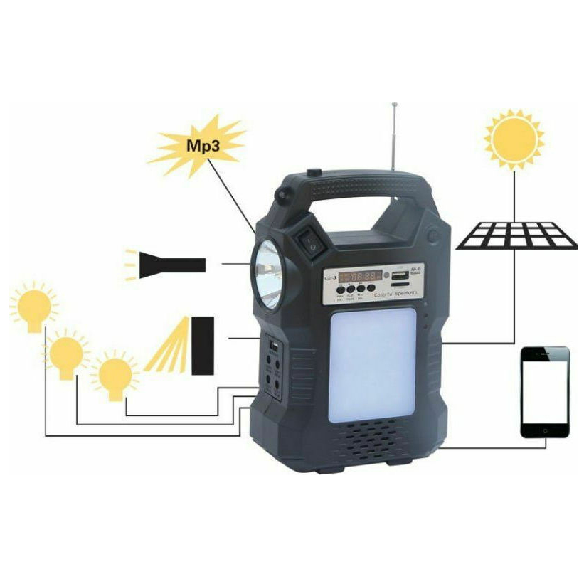 Ηλιακό σύστημα φωτισμού με φακό, λαμπτήρες, φορτιστές, ραδιόφωνο, USB, MP3 GD-8060