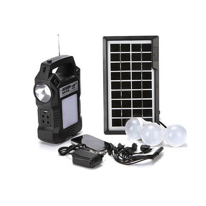ηλιακό σύστημα φωτισμού με φακό, λαμπτήρες, φορτιστές, ραδιόφωνο, usb, mp3 gd-8060