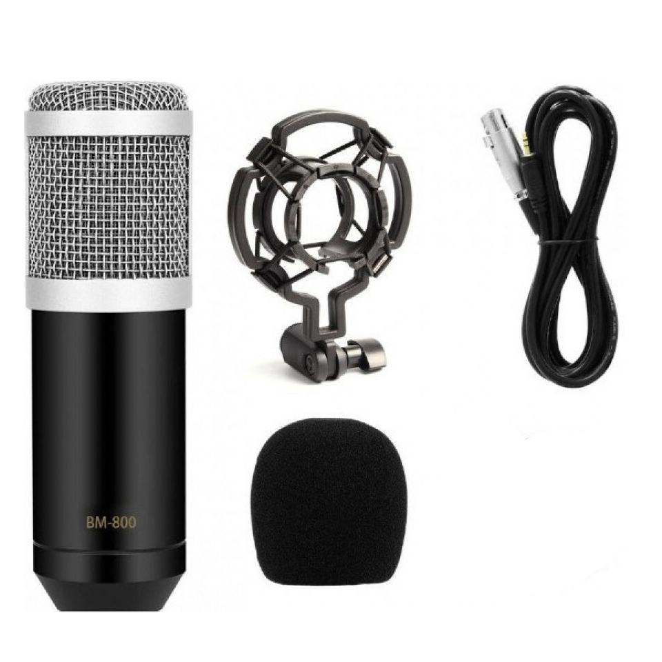 πυκνωτικό μικρόφωνο με βάση αράχνη, αφρώδες αντιανέμιο και xlr υποδοχή μαύρο με ασημί bm800 oem